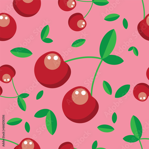 Red cherry seamless pattern on colorful background. Vector illustration.