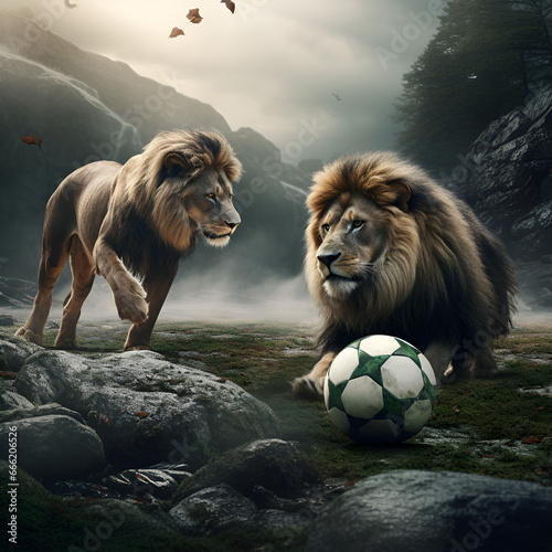 2 lion with a football in a river side ground © MdSujon