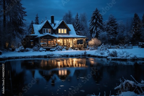 a beautiful cozy wooden house covered with snow at night in cold snowy weather