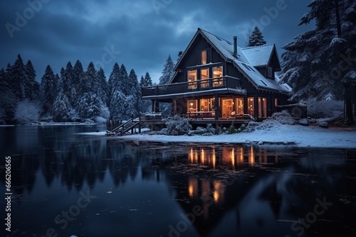 a beautiful cozy wooden house covered with snow at night in cold snowy weather © DailyLifeImages