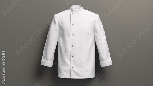 A 3D-rendered, empty white chef jacket, with buttons, is isolated in a front-view mockup. photo