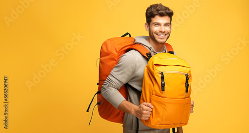 Persona apuesta anunciado mochila naranja. Publicidad de mochilas