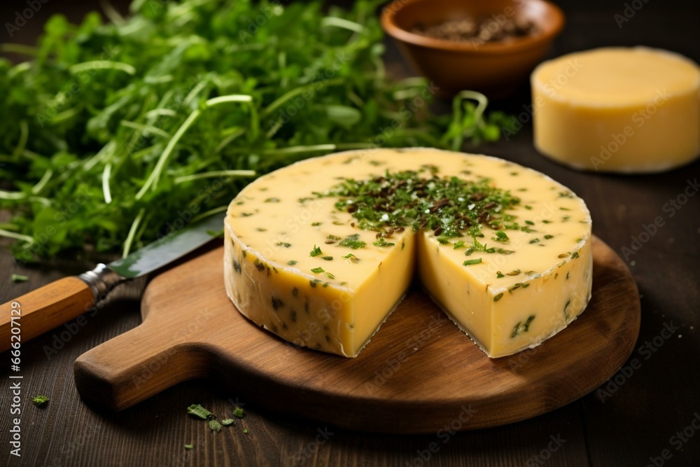 Tasty gouda cheese with fresh greens and cumin. Generative AI