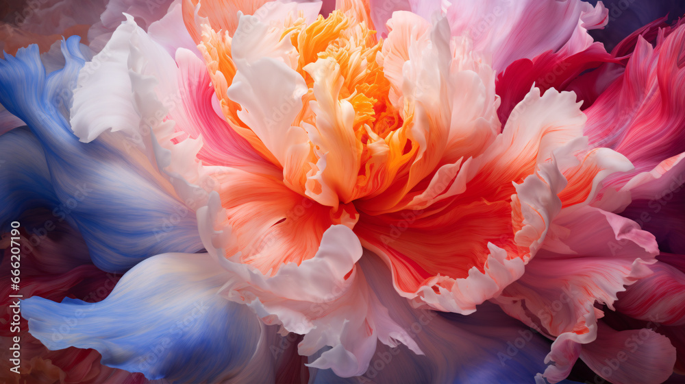 A close view macro shot of a brilliant peony in full bloom, revealing its fine details and hues.