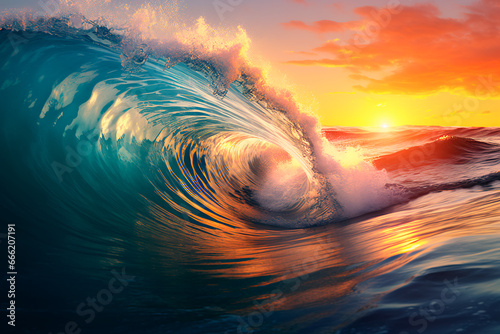 Perfect sea wave for surfing. Sea wave at sunset