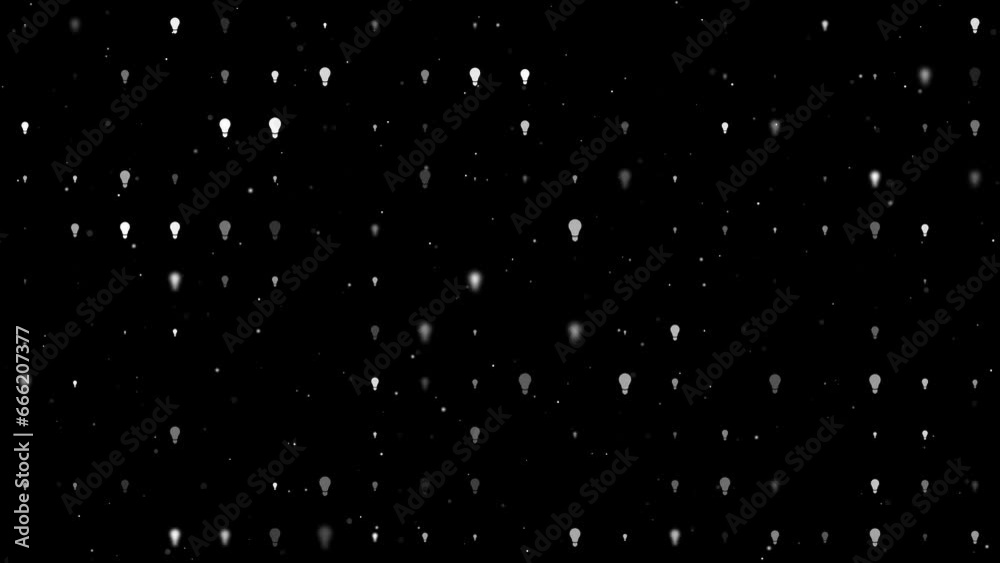 Template animation of evenly spaced lamp symbols of different sizes and opacity. Animation of transparency and size. Seamless looped 4k animation on black background with stars Template animation of evenly spaced lamp symbols of different sizes and opacity. Animation of transparency and size. Seamless looped 4k animation on black background with stars