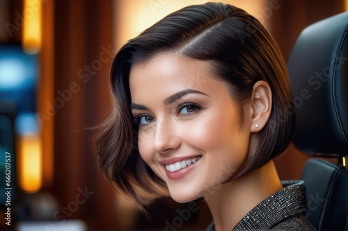 Portrait of attractive cheerful brown buzz cut haired girl leader partner top director startup developer in modern office. Close up of smiling young adult girl with blurred open space background.