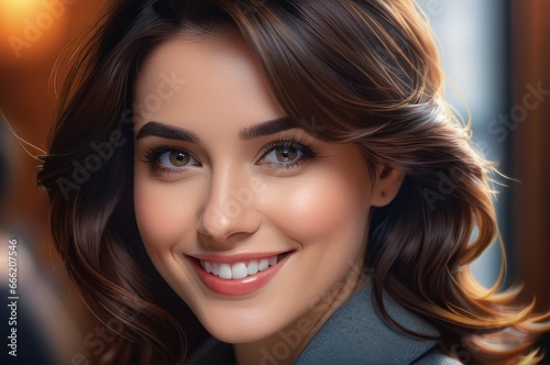 Portrait of attractive cheerful brown bob haired girl leader partner top director startup developer in modern office. Close up of smiling young adult girl with blurred open space background.