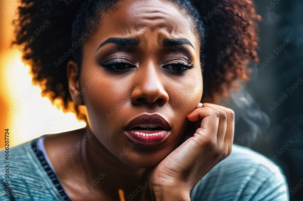 Tonsillitis and angina concept. Sick black woman with closed eyes