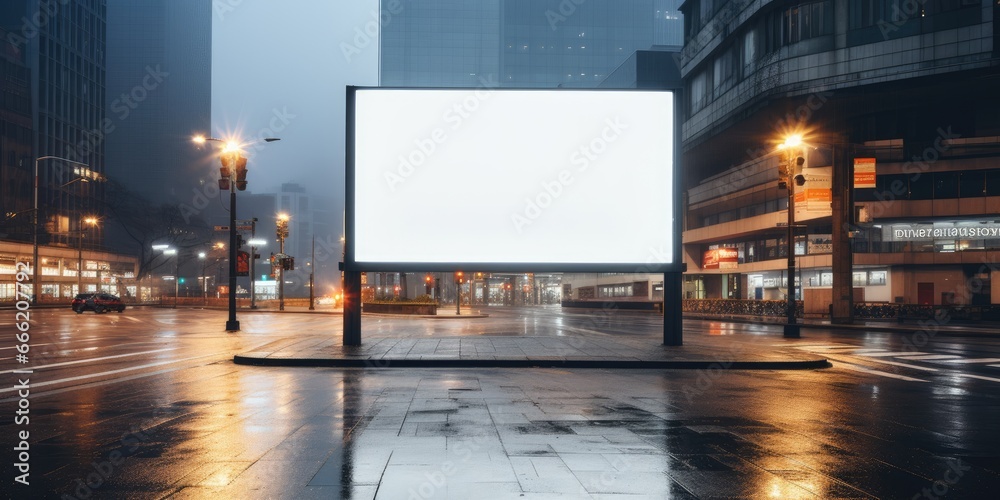 Blank white billboard signage, empty info banner, street banner. Mock up for advertisement. Generated by AI