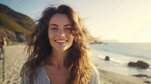 closeup shot of a good looking female tourist. Enjoy free time outdoors near the sea on the beach. Looking at the camera while relaxing on a clear day Poses for travel selfies smiling happy tropical #666207911
