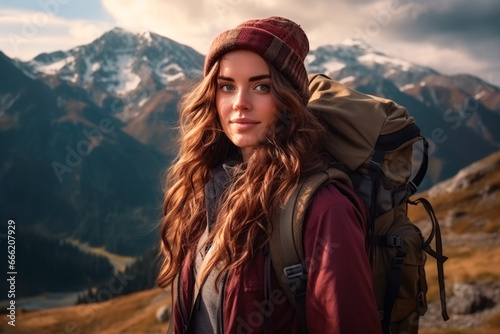 A woman in mountain clothes and a backpack climbs a mountain. 