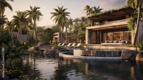 Luxury villa designed as a wellness retreat  including spa rooms  meditation gardens  and health focused amenities