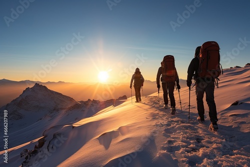 adventurous hikers group hiking on a snowy mountain in cold weather