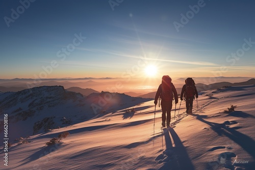 adventurous hikers group hiking on a snowy mountain in cold weather