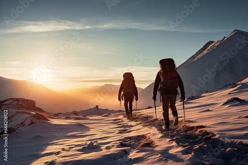 adventurous hikers group hiking on a snowy mountain in cold weather