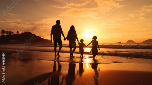 Silhouetted Happy Asian Family Playing And Having Fun On The Beach At Sunset. Recreation, relax, holiday, vacant time.