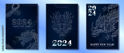 Set of greeting card with linear hand drawn Asian dragon as a symbol of 2024 New Year. Dragon as Chinese traditional horoscope sign on dark blue background. Minimalist A4 poster for Christmas holiday