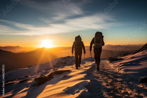adventurous hikers group hiking on a snowy mountain in cold weather © DailyLifeImages