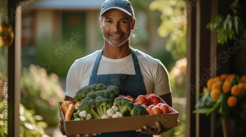 A man in a delivery uniform holding a box of fresh vegetables standing in front of a house.