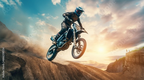 A motocross rider soaring through the air after a jump  bike and rider in perfect harmony.