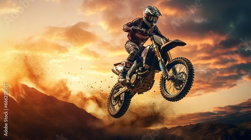 A motocross rider soaring through the air after a jump, bike and rider in perfect harmony. © Ai Studio