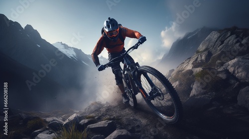 A mountain biker conquering a challenging trail, surrounded by breathtaking alpine scenery. © Ai Studio