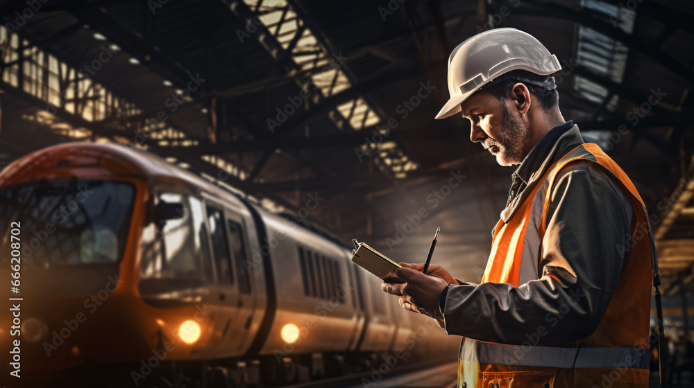An engineer inspects the construction of an oil cargo train railway, using a tablet at a railroad station, dressed in safety gear.. An engineer inspects the construction of an oil cargo train railway, using a tablet at a railroad station, dressed in safety gear..
