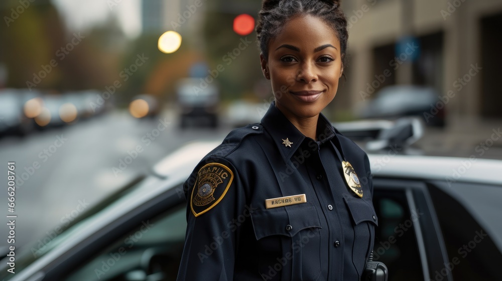 African American police woman standing by patrol car. African American police woman standing by patrol car.