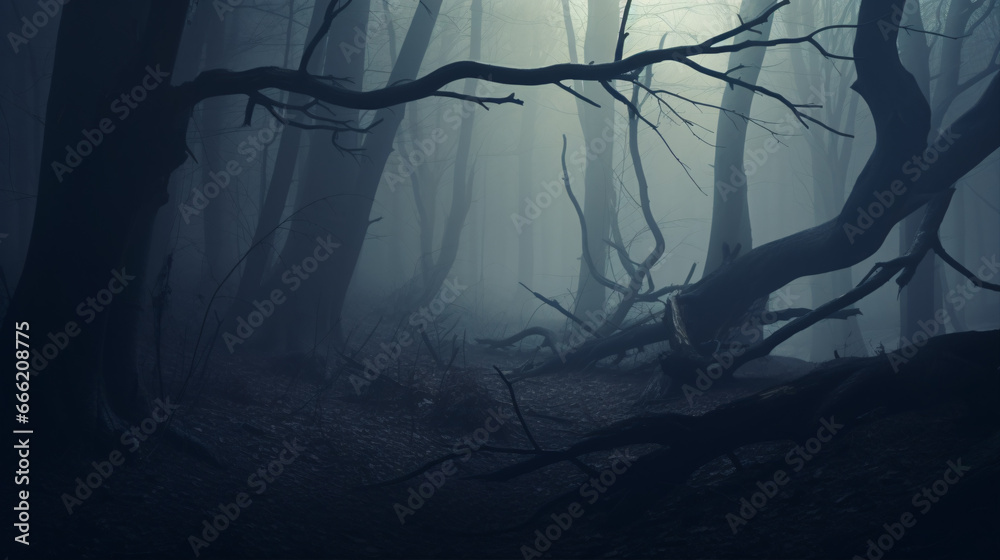 Naklejka premium An enigmatical foggy evergreen scenery with haunting beams of light exuding an eerie, suspenseful air.