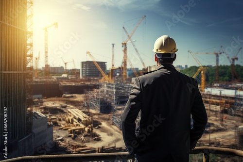 an engineer wearing safety protection hard hat looking towards construction site