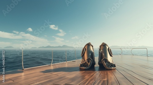A pair of scuba diving fins and mask on a boat deck, ocean horizon in the distance. photo
