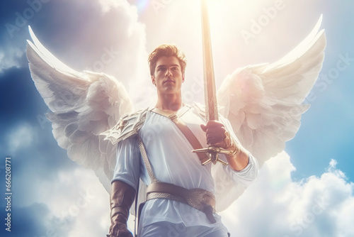 A shining angel in white clothes with a sword in his hand in the sky on the clouds, a defender of goodness and justice, a warrior of light, generation AI photo