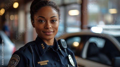 African American police woman standing by patrol car.