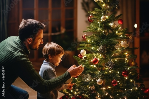 A happy father and son decorate a Christmas tree on Christmas Eve, AI generation