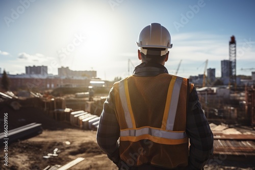 an engineer wearing safety protection hard hat looking towards construction site © DailyLifeImages