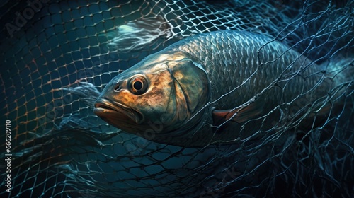 
Fishing with a net. Catching red fish. The fish is caught in a net in the water. Realistic illustration of a fish in a net. Fishing hobby, industry. Fish shop. Sale of fishing gear. Generative ai. photo