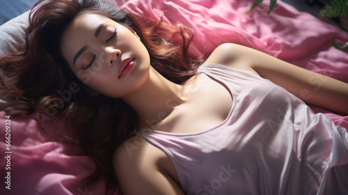 The woman in the pink dress lay on the bed, bathed in soft, filtered sunlight that gently caressed her features. Her dress contrasted beautifully with the crisp, creating a sense of delicate serenity