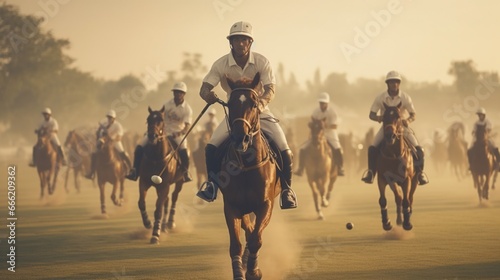 A polo match in progress, riders elegantly guiding their horses with mallets in hand.