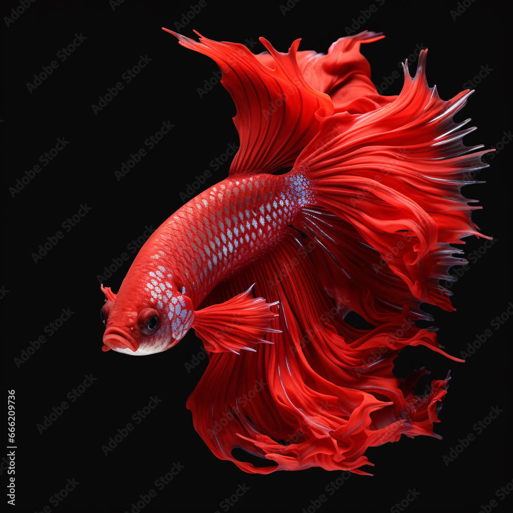 Fototapeta premium The Red Thai fighting fish, often referred to as a Siamese fighting fish, is a captivating and vibrant aquatic creature that's celebrated for its dazzling appearance and spirited nature.