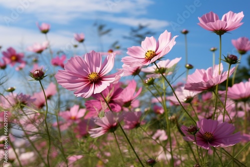 Close up of cosmos flowers in a field. Generative AI