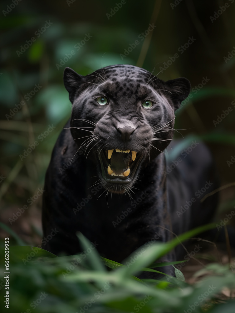 Portrait close up of an angry black panther in a jungle illustrated using generative Ai