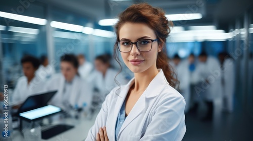 Beautiful woman scientist working in modern Medical Science Laboratory with Team of Specialists on background.