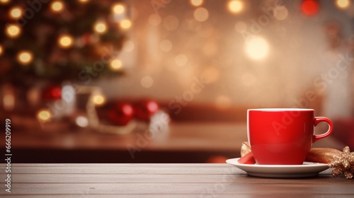 Wooden tabletop with red cup of coffee and blurred Christmas kitchen. © muhammad