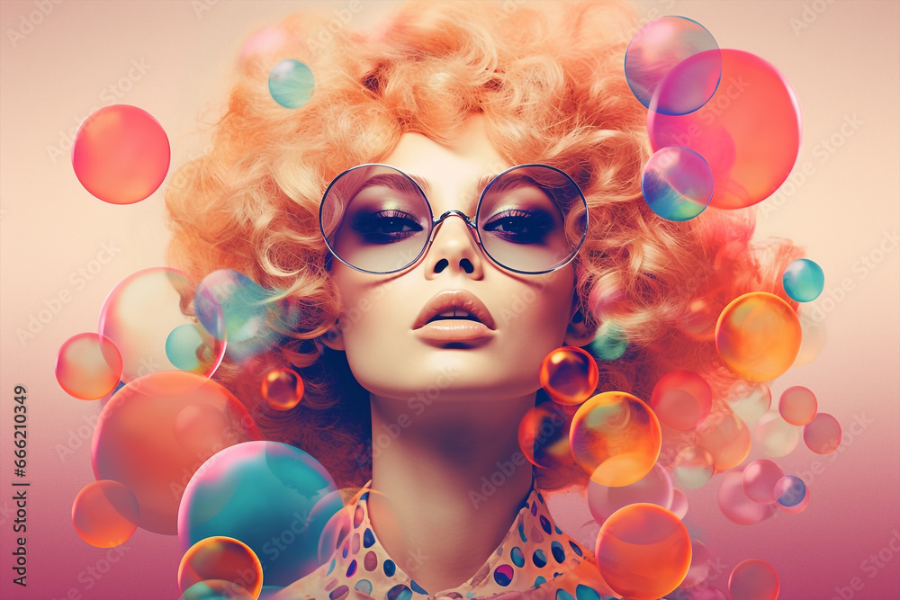 Pop music background with beautiful woman between bubbles and colors