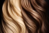 Portrait of different hair color after haircut in beauty salon, Shades of brown from blonde to dark brunette, Hair treatment therapy concept.