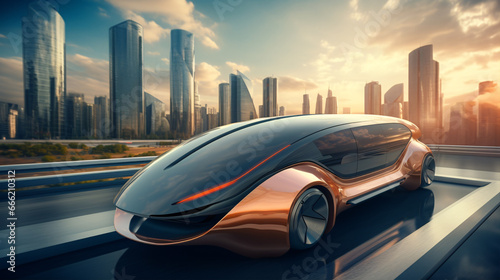 An electric car, magnetically levitated, glides among skyscrapers in a cutting-edge transportation system.