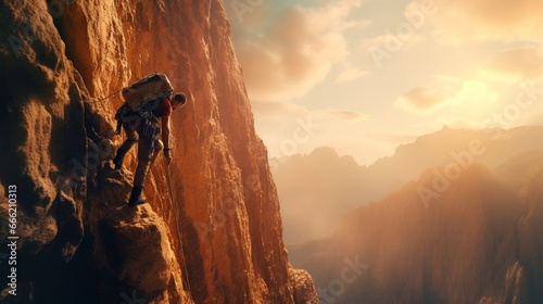 A rock climber ascending a challenging cliff face, surrounded by rugged terrain.