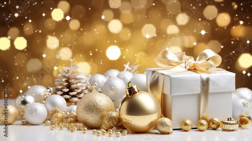 Christmas atmosphere  on a horizontal surface against a background of golden bokeh lie festive New Year decorations  balls and a gift around snow in white and gold tones. Christmas banner.