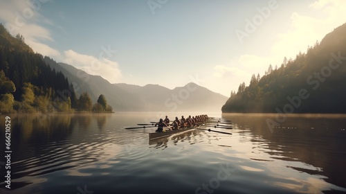 A rowing team gliding smoothly across a serene lake, oars perfectly synchronized. photo
